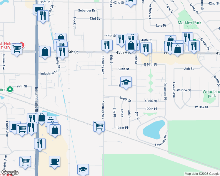 map of restaurants, bars, coffee shops, grocery stores, and more near 2822 99th Street in Highland
