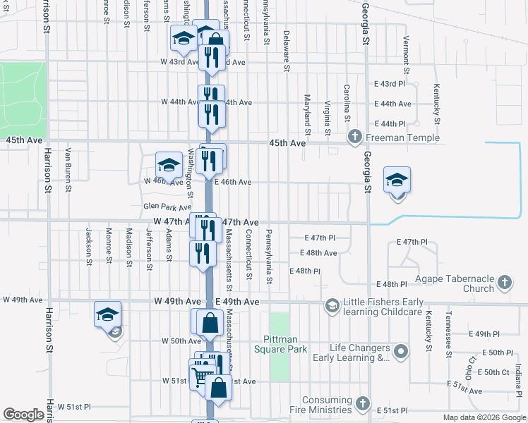 map of restaurants, bars, coffee shops, grocery stores, and more near 4668 Pennsylvania Street in Gary