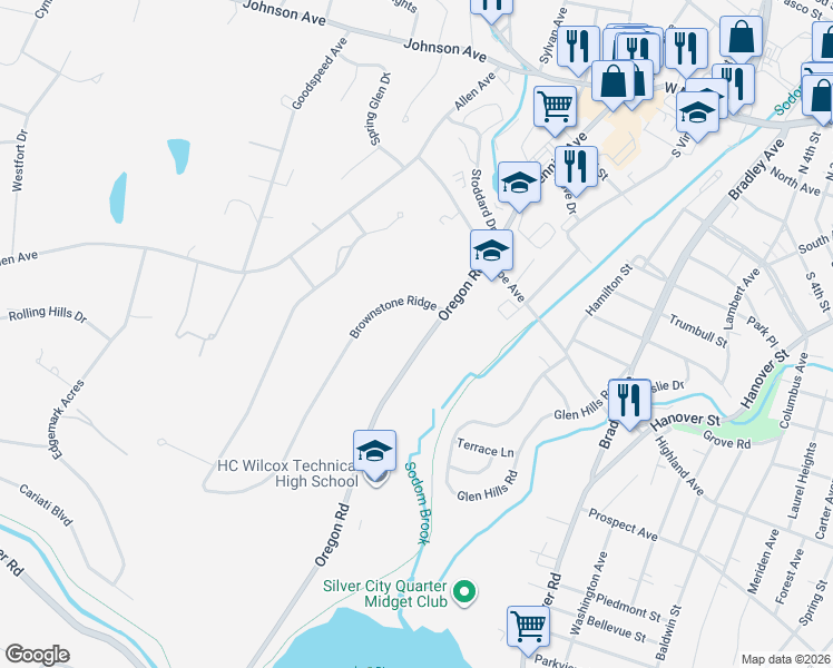 map of restaurants, bars, coffee shops, grocery stores, and more near 109 Oregon Road in Meriden