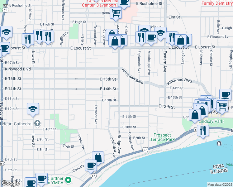 map of restaurants, bars, coffee shops, grocery stores, and more near 1322 Bridge Avenue in Davenport