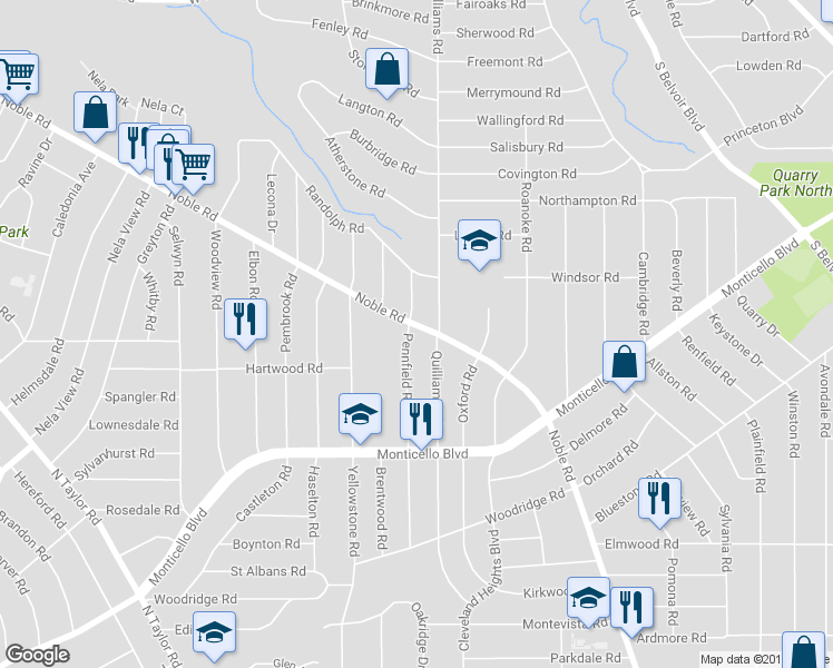 map of restaurants, bars, coffee shops, grocery stores, and more near 2452 Noble Road in Cleveland Heights