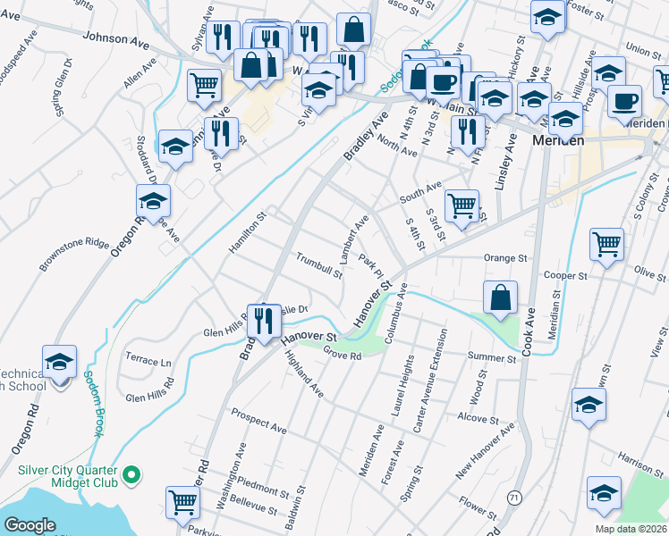 map of restaurants, bars, coffee shops, grocery stores, and more near 135 Lambert Avenue in Meriden