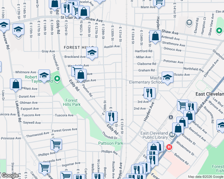 map of restaurants, bars, coffee shops, grocery stores, and more near 871 East 129th Street in Cleveland