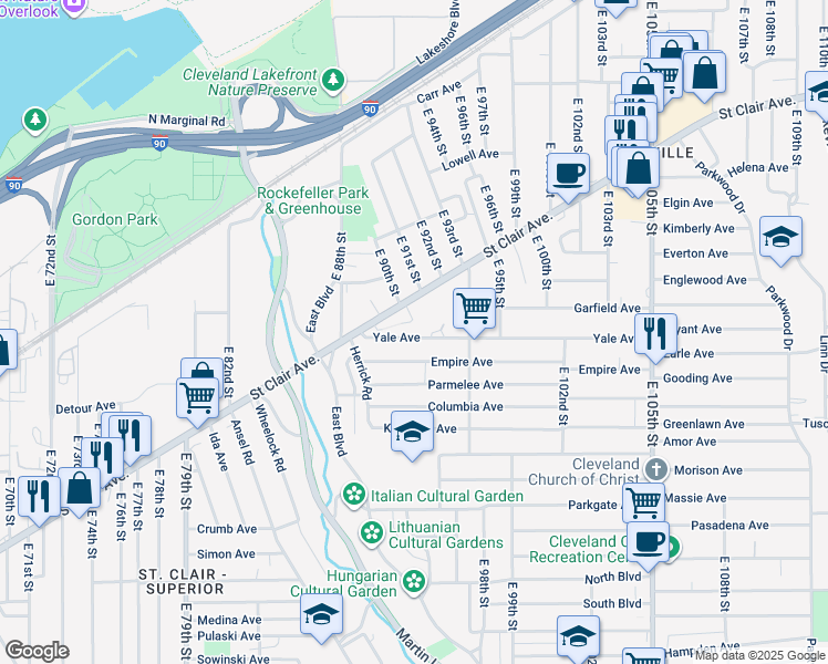 map of restaurants, bars, coffee shops, grocery stores, and more near 9116 Yale Avenue in Cleveland