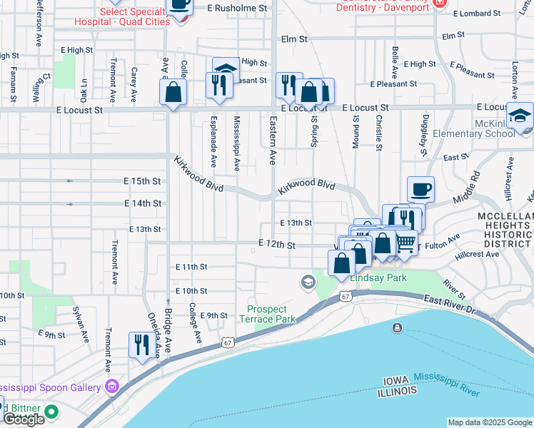map of restaurants, bars, coffee shops, grocery stores, and more near 1314 Eastern Avenue in Davenport