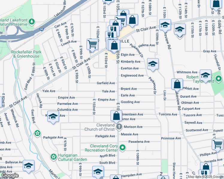 map of restaurants, bars, coffee shops, grocery stores, and more near 10409 Yale Avenue in Cleveland