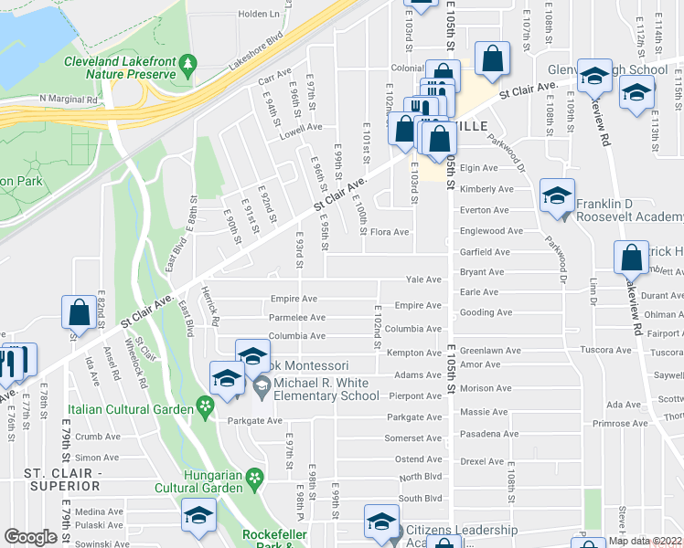 map of restaurants, bars, coffee shops, grocery stores, and more near 9609 Yale Avenue in Cleveland
