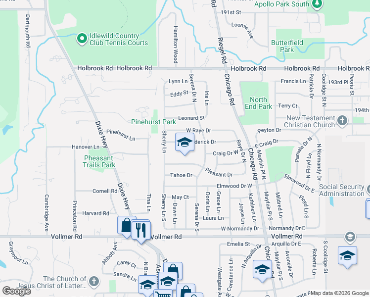 map of restaurants, bars, coffee shops, grocery stores, and more near 252 Frederick Drive in Chicago Heights