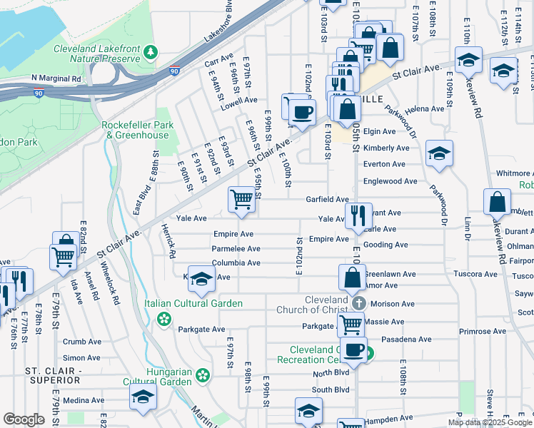 map of restaurants, bars, coffee shops, grocery stores, and more near 9601 Yale Avenue in Cleveland