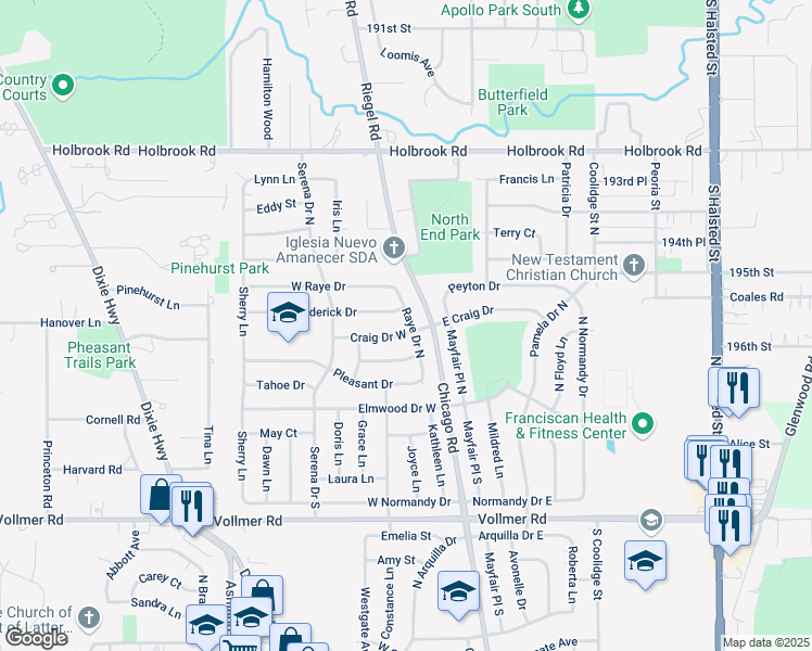 map of restaurants, bars, coffee shops, grocery stores, and more near 147 Craig Dr W in Chicago Heights