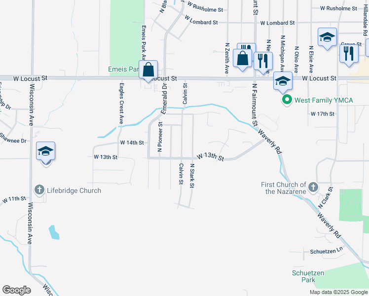 map of restaurants, bars, coffee shops, grocery stores, and more near 1315 Calvin Street in Davenport