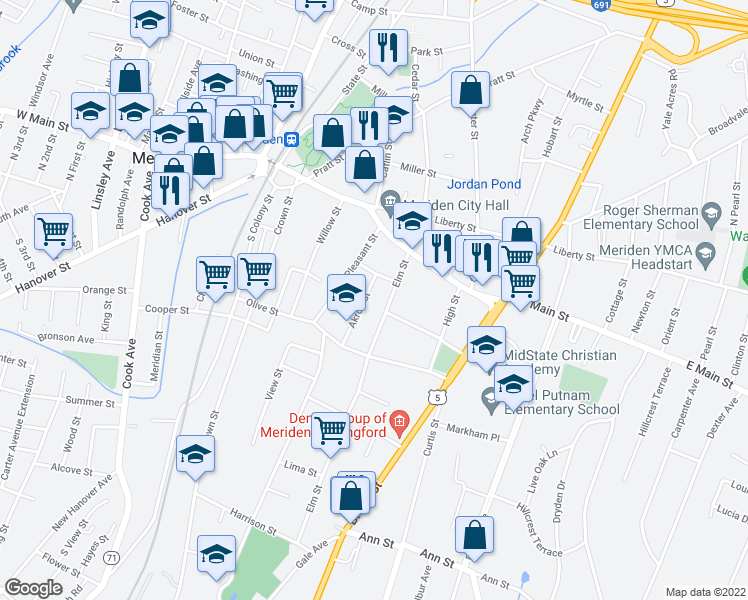map of restaurants, bars, coffee shops, grocery stores, and more near 30 Akron Street in Meriden
