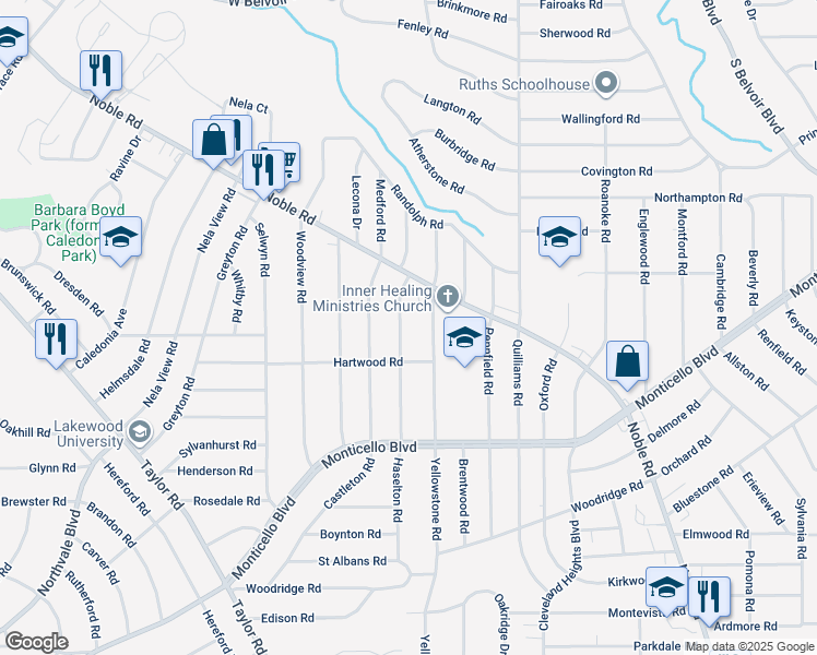 map of restaurants, bars, coffee shops, grocery stores, and more near 985 Rushleigh Road in Cleveland Heights