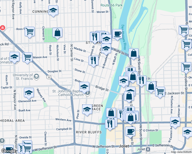 map of restaurants, bars, coffee shops, grocery stores, and more near 518 North Hickory Street in Joliet