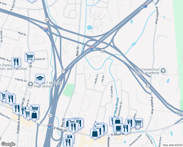 map of restaurants, bars, coffee shops, grocery stores, and more near 40 Meadow Way in Meriden