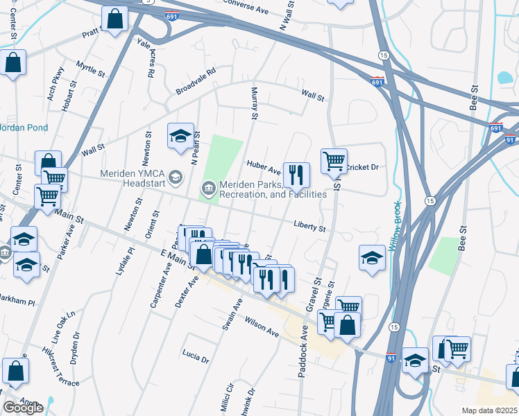 map of restaurants, bars, coffee shops, grocery stores, and more near 510 Liberty Street in Meriden