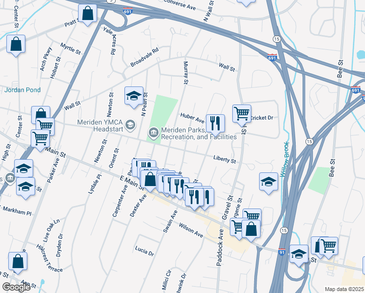 map of restaurants, bars, coffee shops, grocery stores, and more near 510 Liberty Street in Meriden