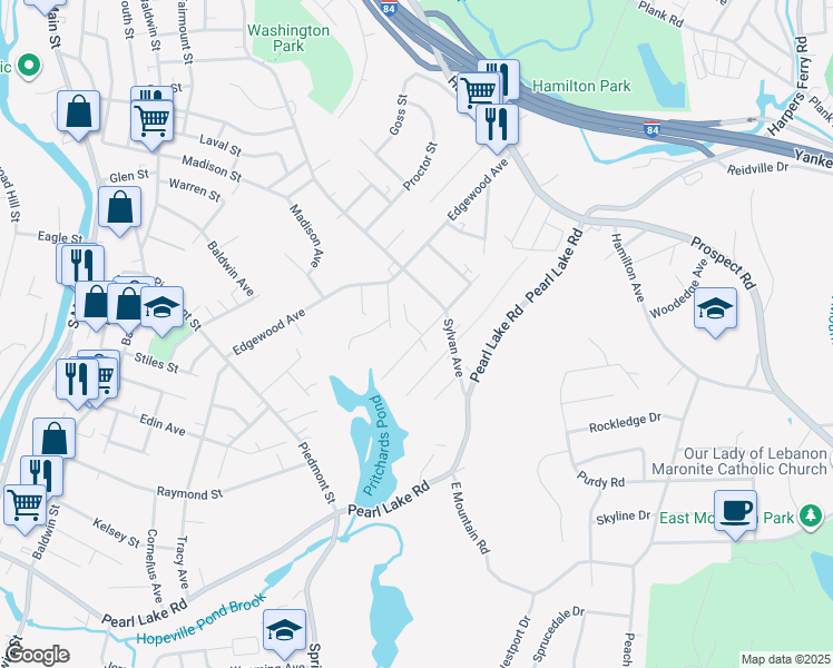 map of restaurants, bars, coffee shops, grocery stores, and more near 92 Clover Street in Waterbury