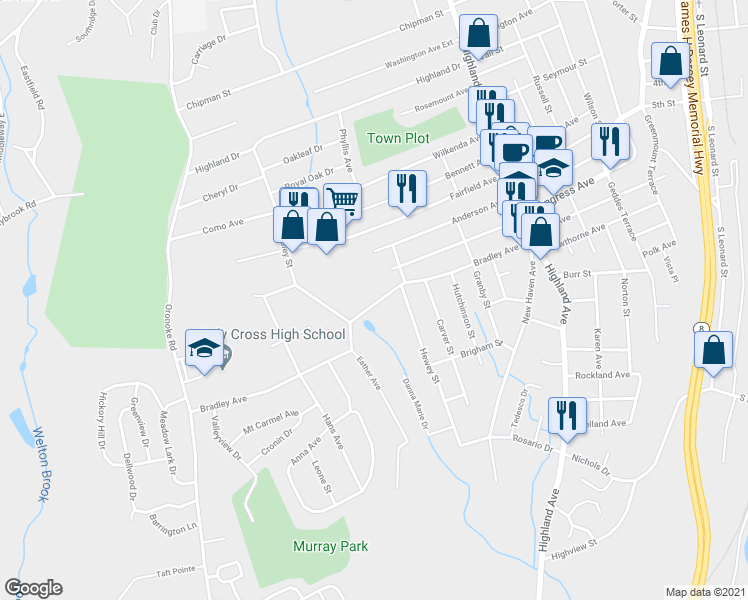 map of restaurants, bars, coffee shops, grocery stores, and more near 179 Bradley Avenue in Waterbury