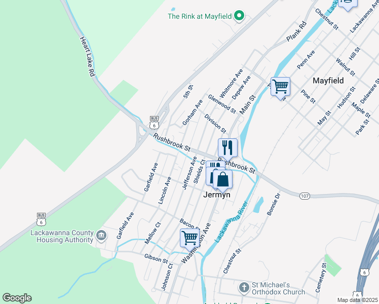 map of restaurants, bars, coffee shops, grocery stores, and more near 303 Rushbrook Street in Jermyn