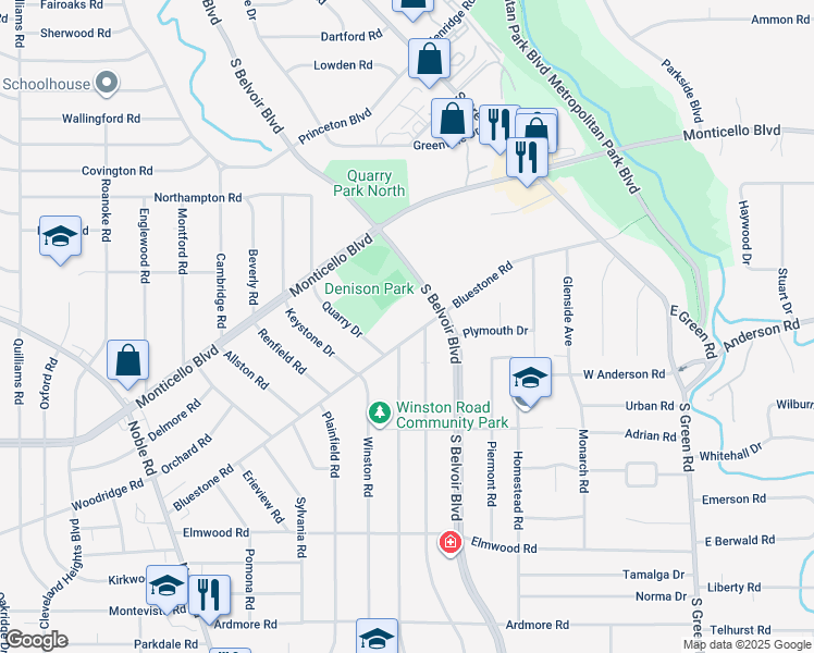 map of restaurants, bars, coffee shops, grocery stores, and more near 4149 Bluestone Road in Cleveland Heights