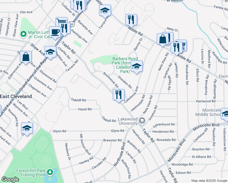 map of restaurants, bars, coffee shops, grocery stores, and more near 2090 North Taylor Road in Cleveland Heights