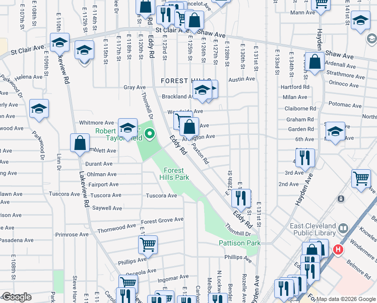 map of restaurants, bars, coffee shops, grocery stores, and more near 868 Eddy Road in Cleveland