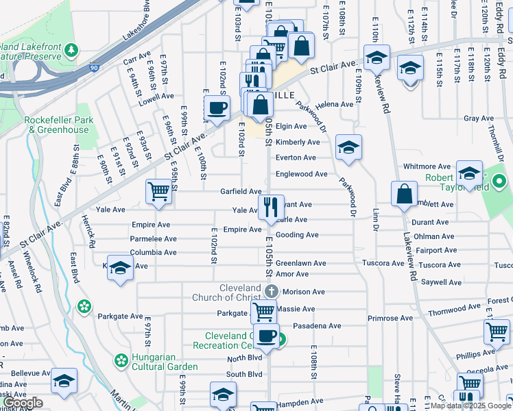map of restaurants, bars, coffee shops, grocery stores, and more near 10409 Yale Avenue in Cleveland