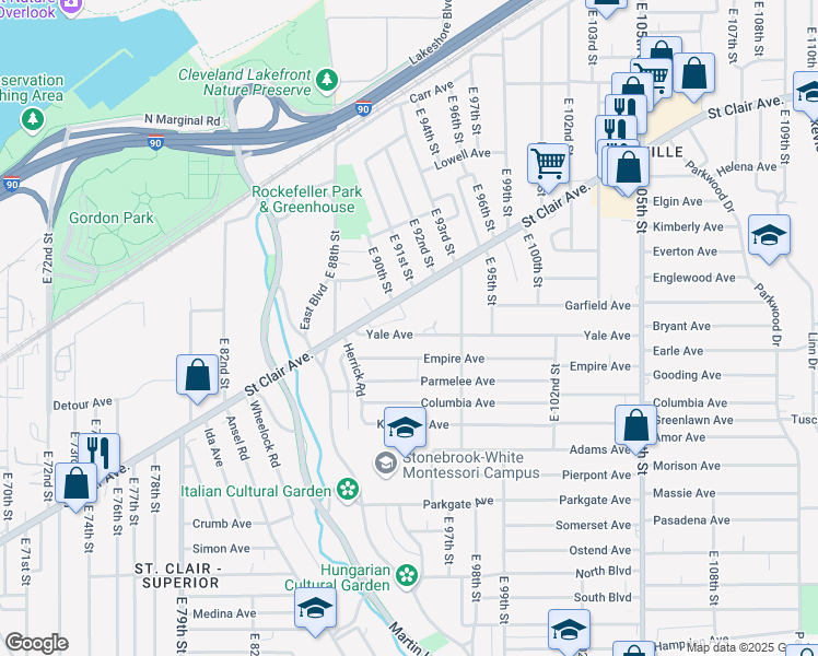map of restaurants, bars, coffee shops, grocery stores, and more near 9116 Yale Avenue in Cleveland