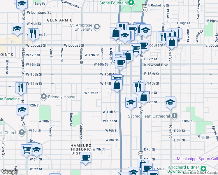 map of restaurants, bars, coffee shops, grocery stores, and more near 1322 North Ripley Street in Davenport