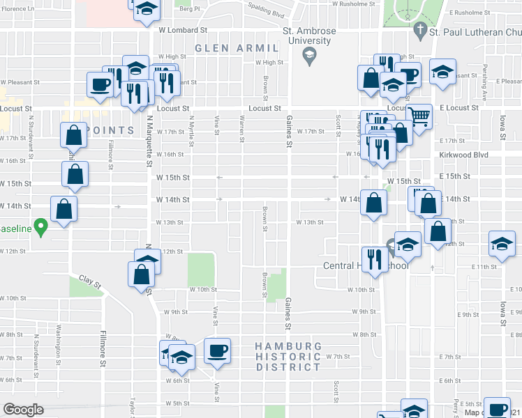 map of restaurants, bars, coffee shops, grocery stores, and more near 1314 Brown Street in Davenport
