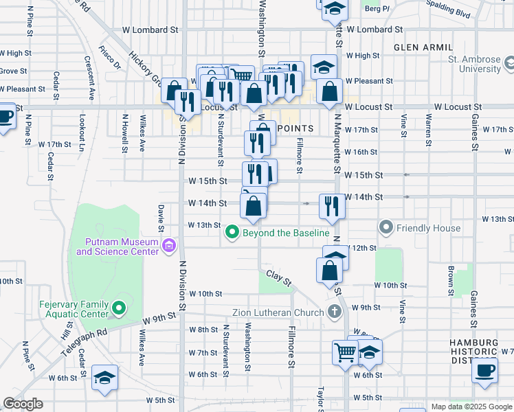 map of restaurants, bars, coffee shops, grocery stores, and more near 1511 West 14th Street in Davenport