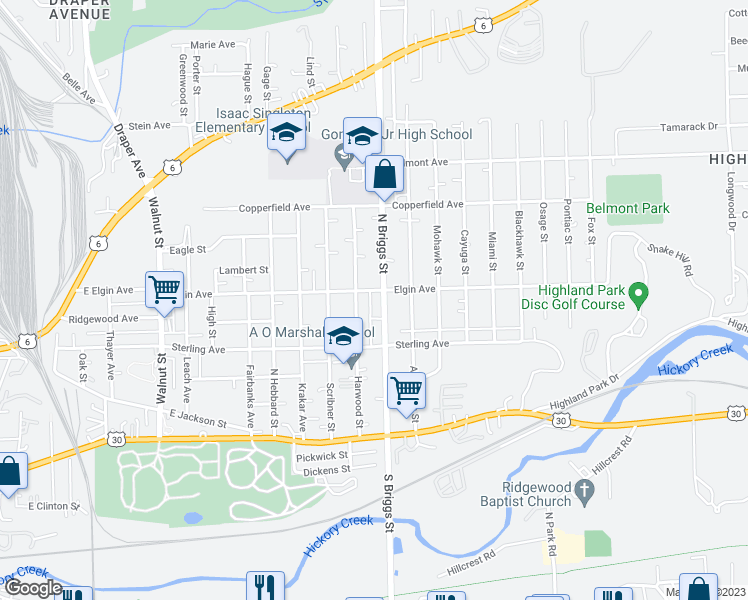map of restaurants, bars, coffee shops, grocery stores, and more near 425 North Briggs Street in Joliet