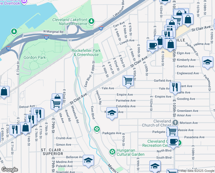 map of restaurants, bars, coffee shops, grocery stores, and more near 8909 Yale Avenue in Cleveland
