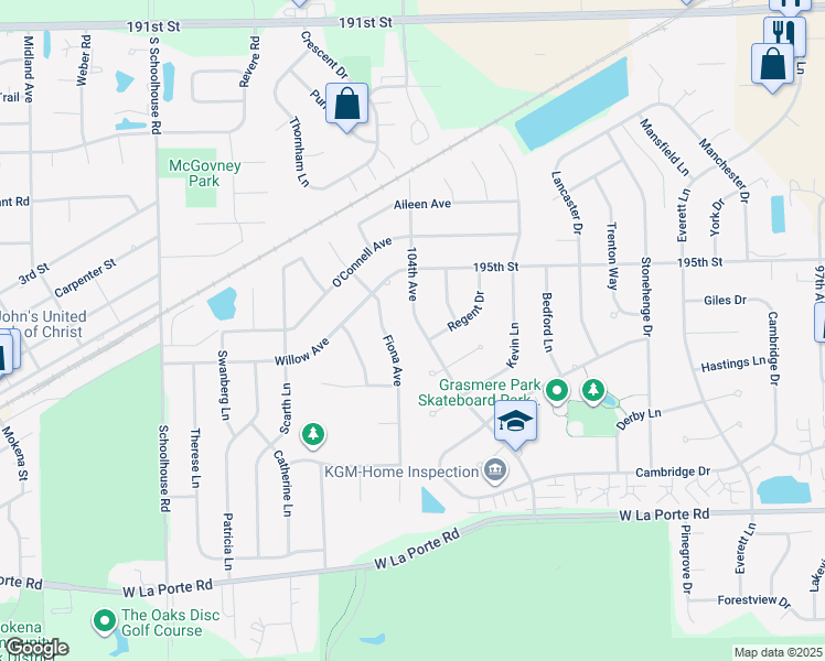 map of restaurants, bars, coffee shops, grocery stores, and more near 19550 Kirkstone Way in Mokena