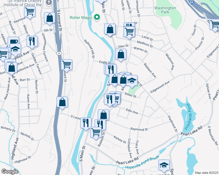 map of restaurants, bars, coffee shops, grocery stores, and more near 1637 South Main Street in Waterbury