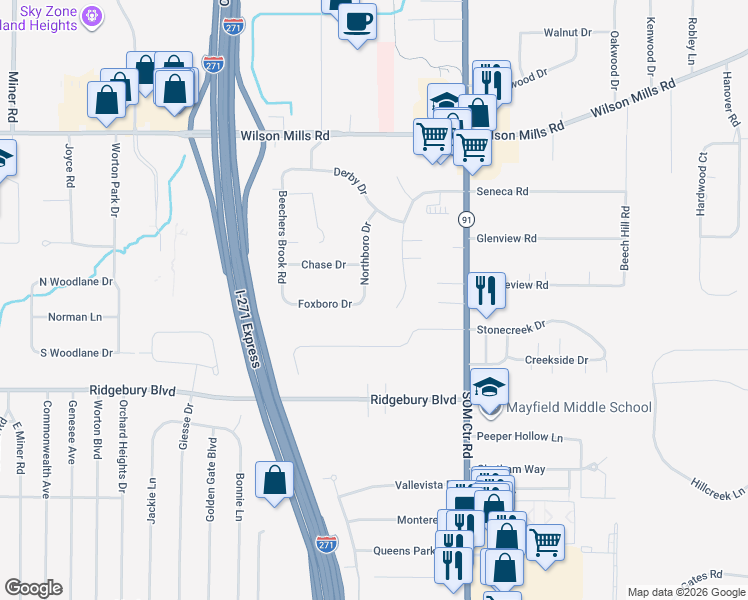 map of restaurants, bars, coffee shops, grocery stores, and more near 959 Northboro Drive in Mayfield