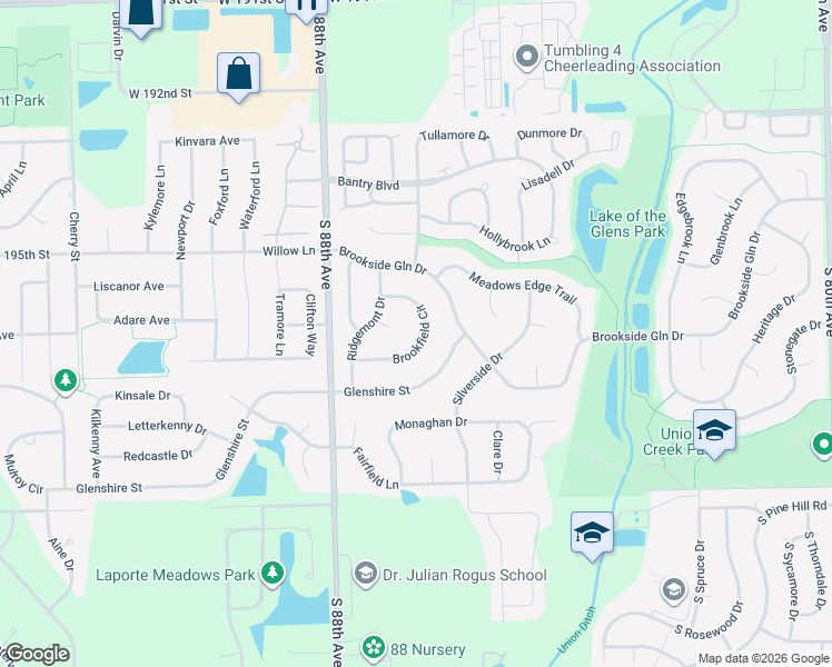 map of restaurants, bars, coffee shops, grocery stores, and more near 8655 Glenberry Lane in Tinley Park