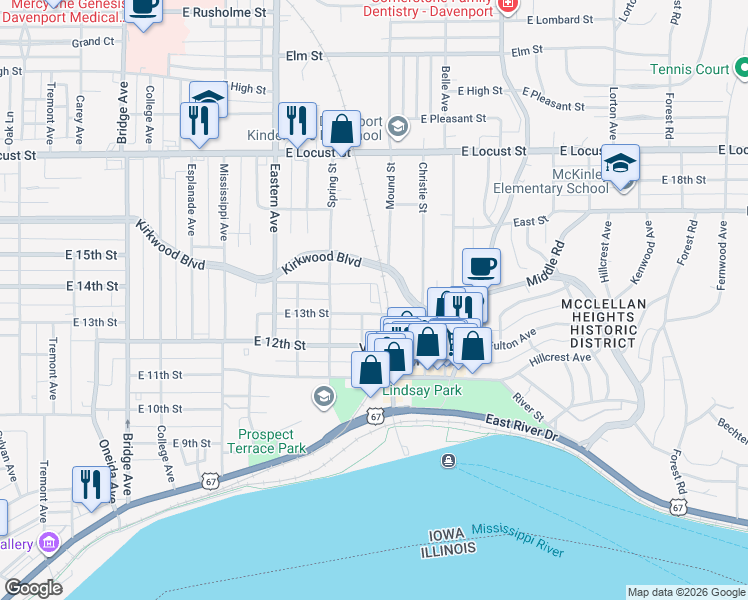 map of restaurants, bars, coffee shops, grocery stores, and more near 2004 East 13th Street in Davenport