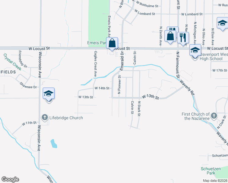 map of restaurants, bars, coffee shops, grocery stores, and more near 1313 Emerald Dr in Davenport