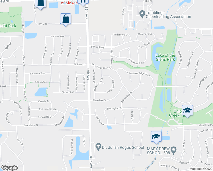 map of restaurants, bars, coffee shops, grocery stores, and more near 8655 Glenberry Lane in Tinley Park