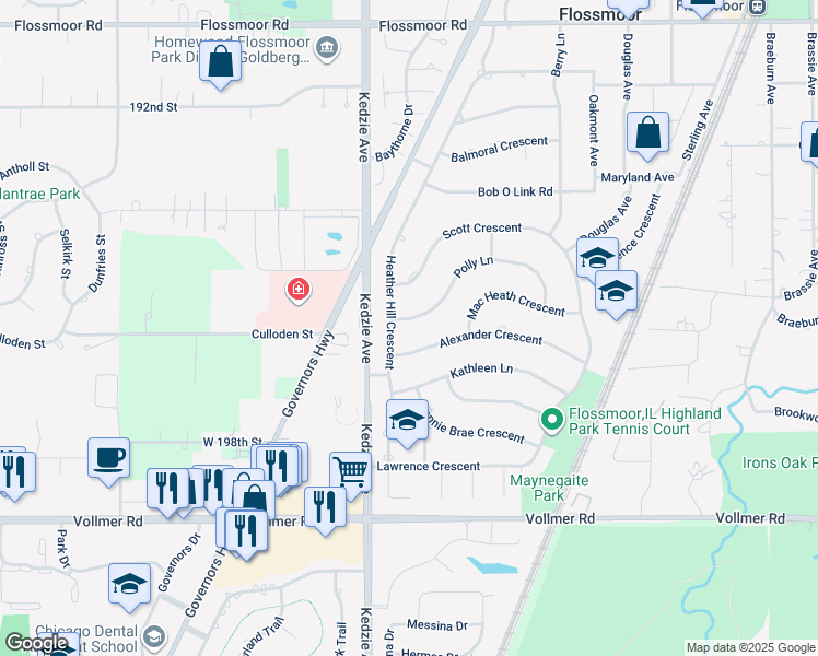 map of restaurants, bars, coffee shops, grocery stores, and more near 3118 Polly Lane in Flossmoor