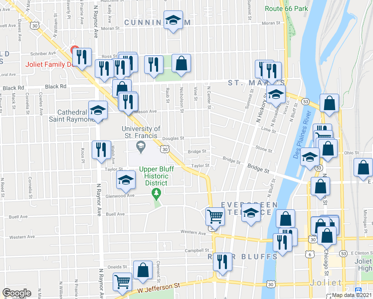 map of restaurants, bars, coffee shops, grocery stores, and more near 510 Nicholson Street in Joliet