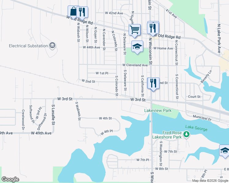 map of restaurants, bars, coffee shops, grocery stores, and more near 266 South Colorado Street in Hobart