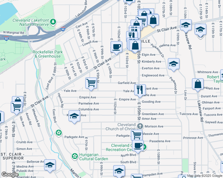 map of restaurants, bars, coffee shops, grocery stores, and more near 10003 Yale Avenue in Cleveland