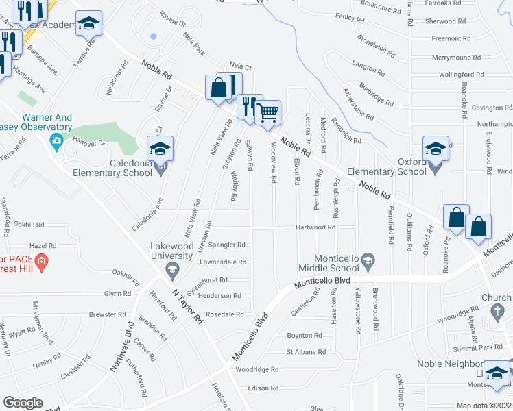 map of restaurants, bars, coffee shops, grocery stores, and more near 971 Selwyn Road in Cleveland