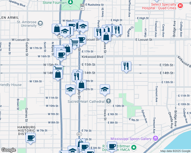 map of restaurants, bars, coffee shops, grocery stores, and more near 1316 Pershing Avenue in Davenport