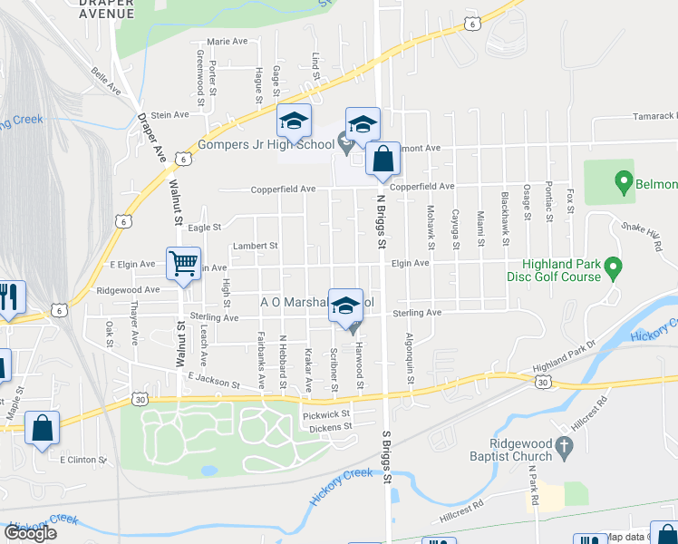 map of restaurants, bars, coffee shops, grocery stores, and more near 1504 Elgin Avenue in Joliet