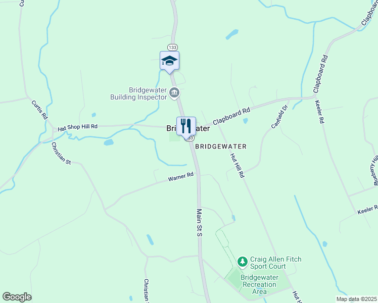 map of restaurants, bars, coffee shops, grocery stores, and more near 62 Main Street South in Bridgewater