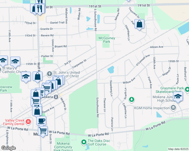 map of restaurants, bars, coffee shops, grocery stores, and more near 19600 South Schoolhouse Road in Mokena